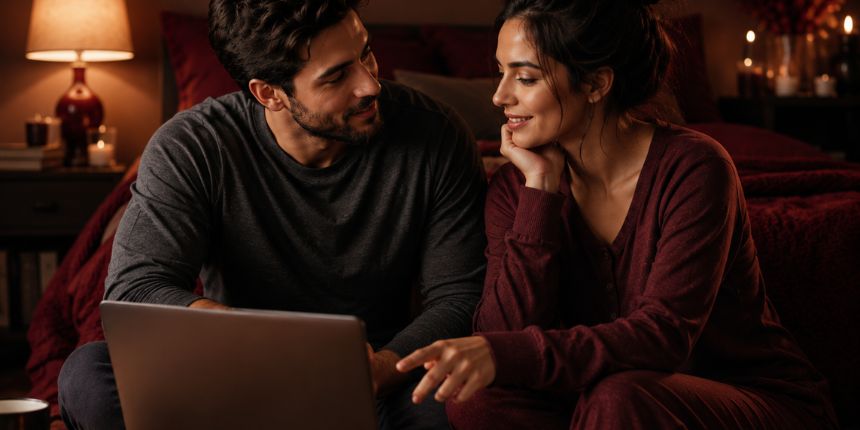 Paar spricht offen darüber, wie man sexuelle Wünsche kommunizieren kann, in einem gemütlichen Schlafzimmer, lovesexshop.ch Sexshop