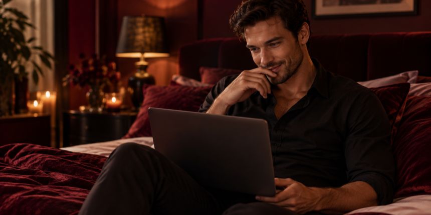 Mann sitzt auf dem Bett mit Laptop und liest Tipps zur Masturbation | lovesexshop.ch Sexshop